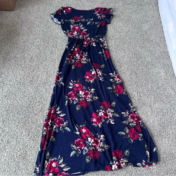 Loveappella Navy Floral Maxi Dress Size Small V Neck Boho Spring Summer - Picture 7 of 8